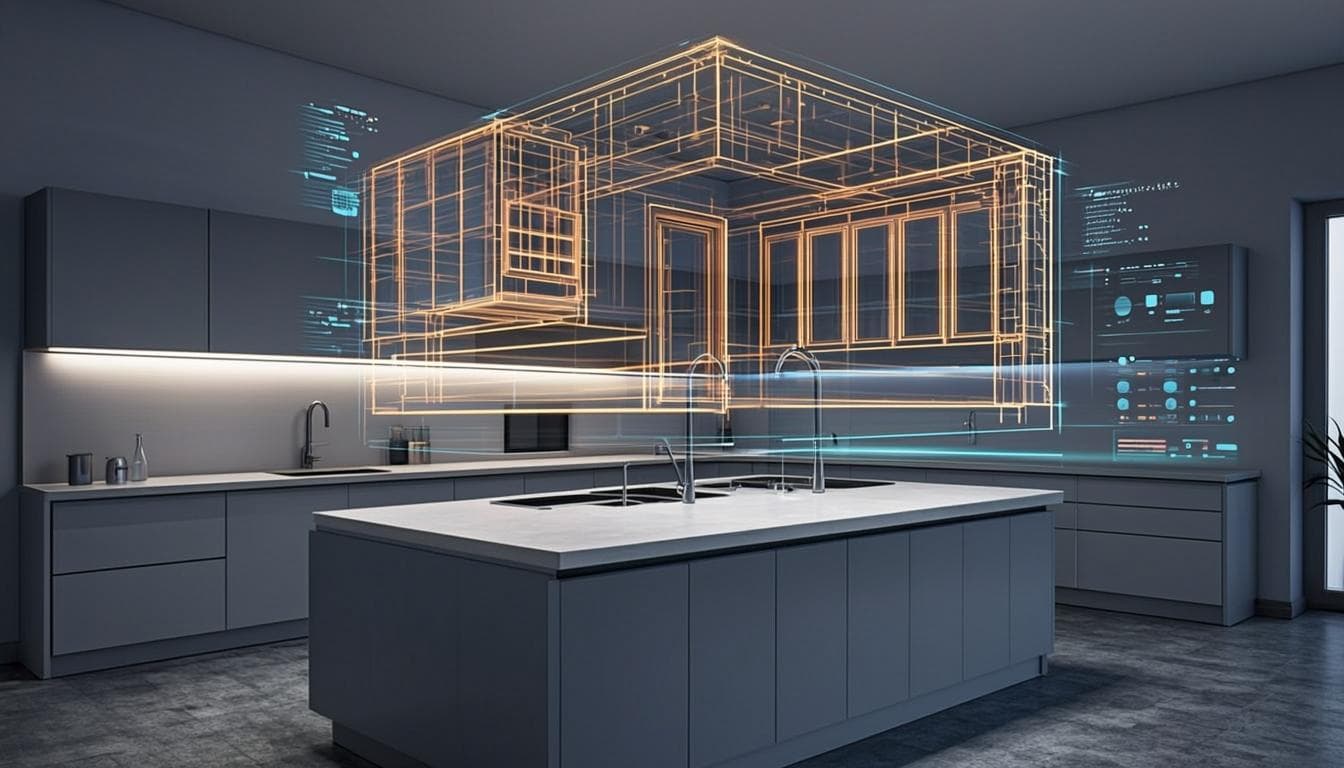 Cocina reformada con plano holográfico de inteligencia artificial flotando